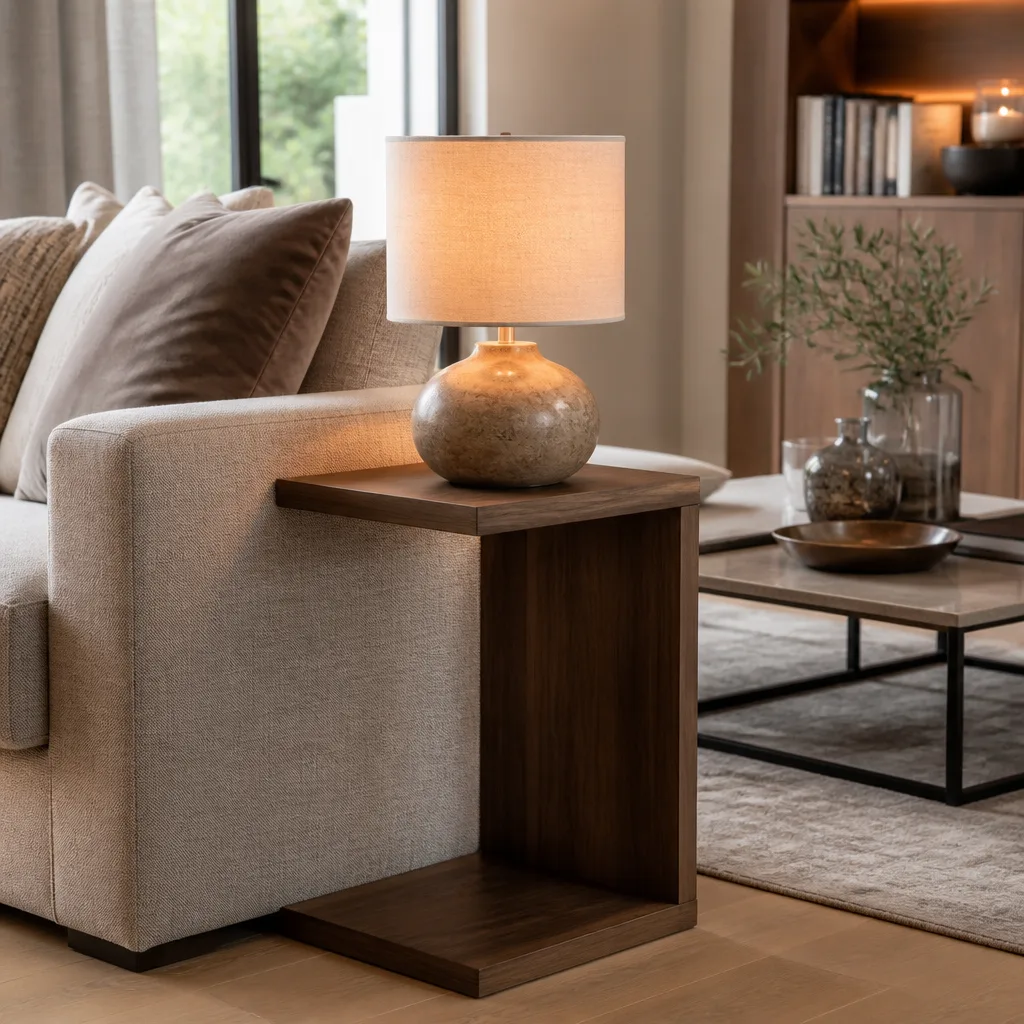 Wohnzimmersofa mit einem hölzernen Beistelltisch auf Armlehnenhöhe und einer Lampe darauf