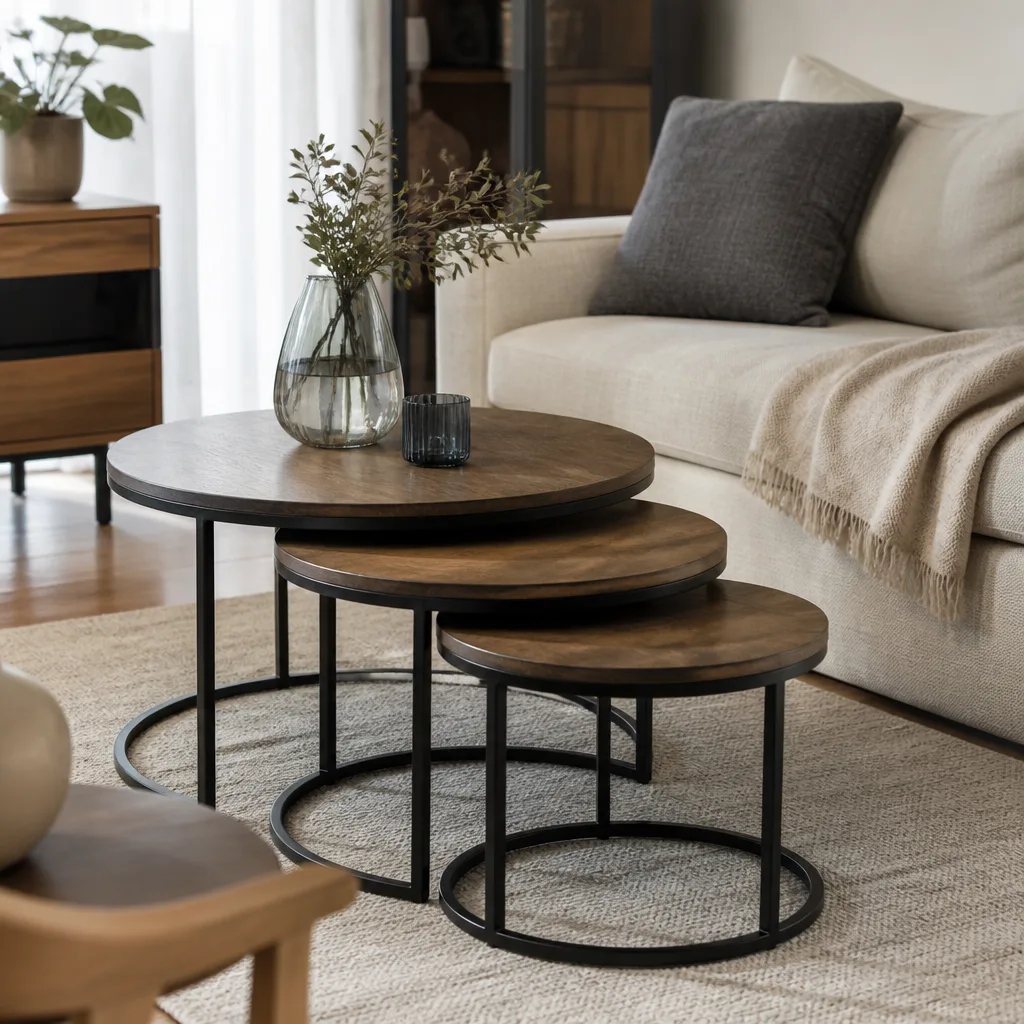 Set aus drei runden Nesting-Tischen mit abnehmender Größe in einem hellen Wohnzimmer