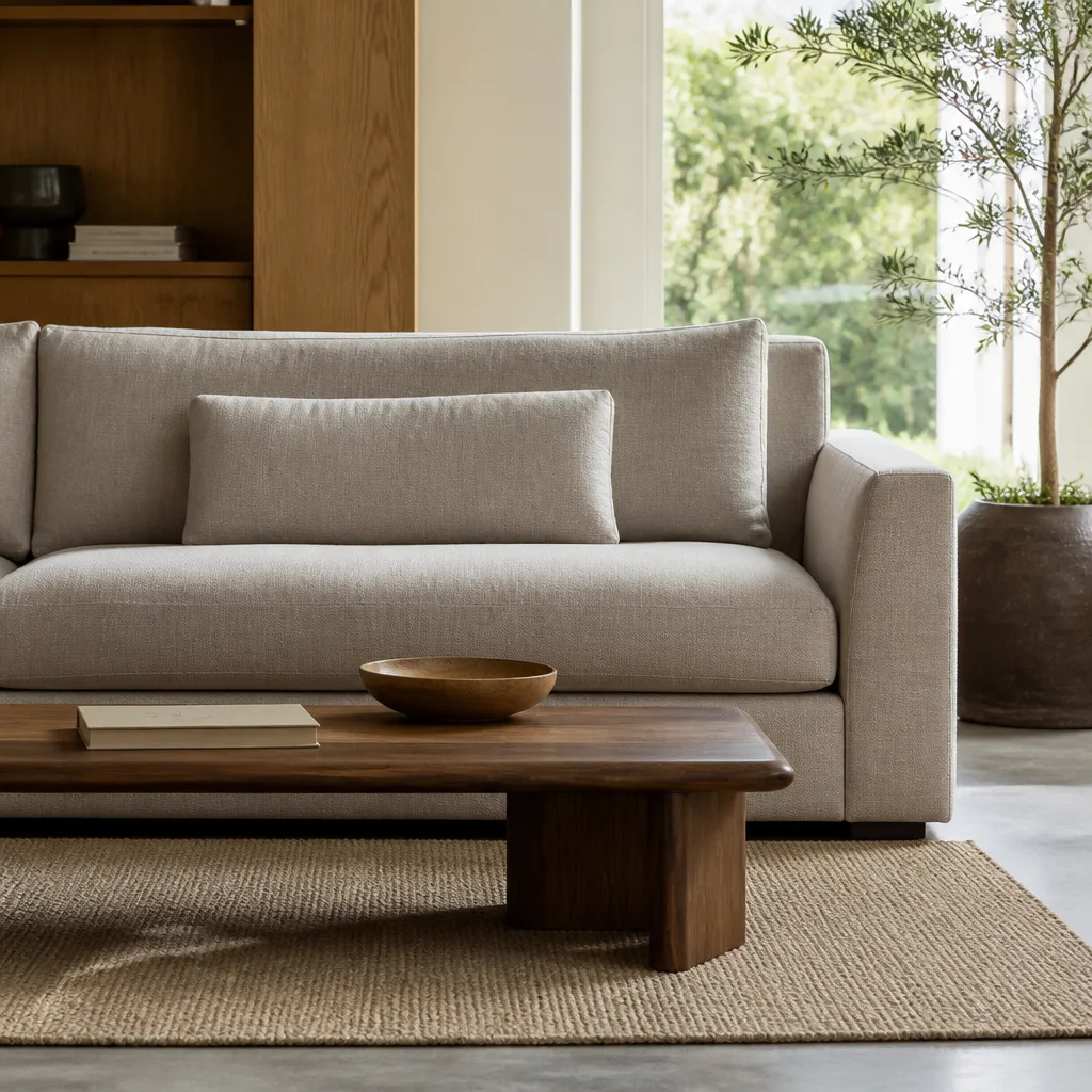niedriger Couchtisch vor einem Sofa, Sitzkissen und Tischplatte auf etwa gleicher Höhe, Seitenansicht