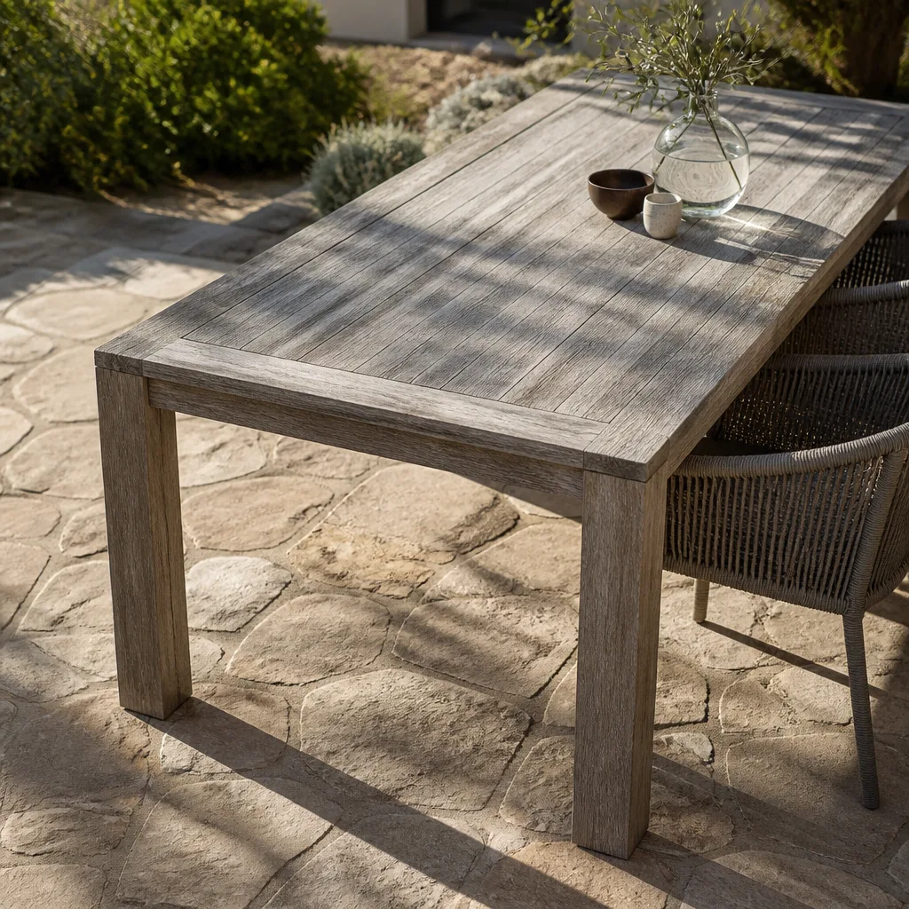 verwitterter, silbergrauer Teak-Gartentisch auf einer Steinterrasse in Nachmittagssonne