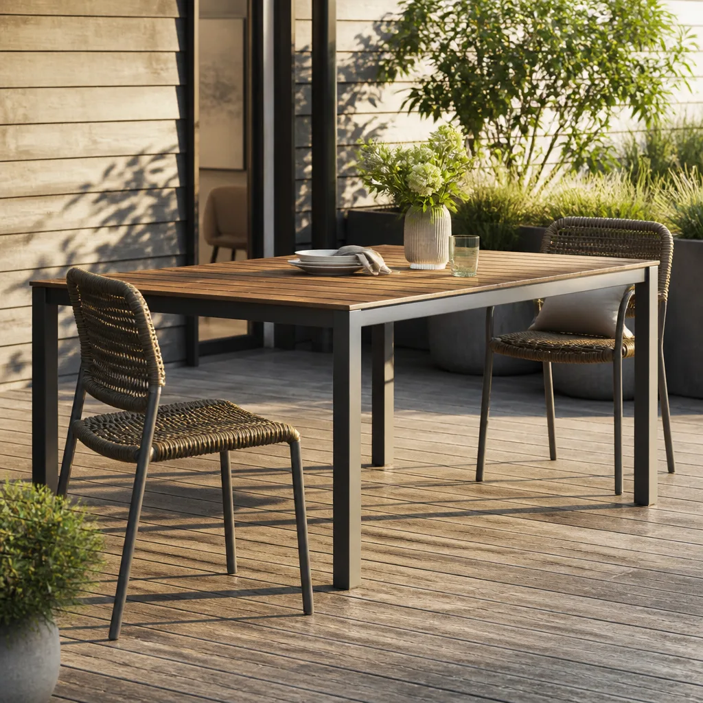 leichter Gartentisch mit Aluminiumgestell und Lattenplatte auf einer sonnigen Terrasse