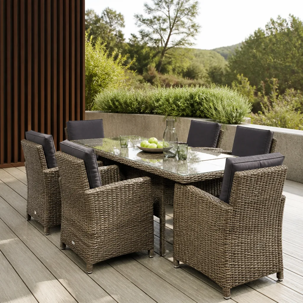 Gartentisch- und Stuhlgruppe aus Polyrattan auf einer Terrasse mit sichtbarer geflochtener Kunststoffstruktur