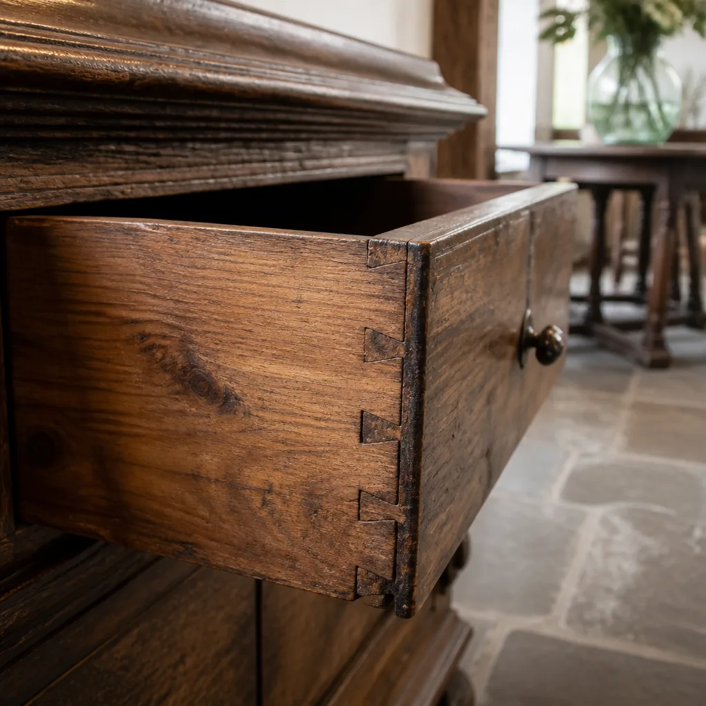 Detailaufnahme handgeschnittener Schwalbenschwanzverbindungen an einer antiken Holzschublade