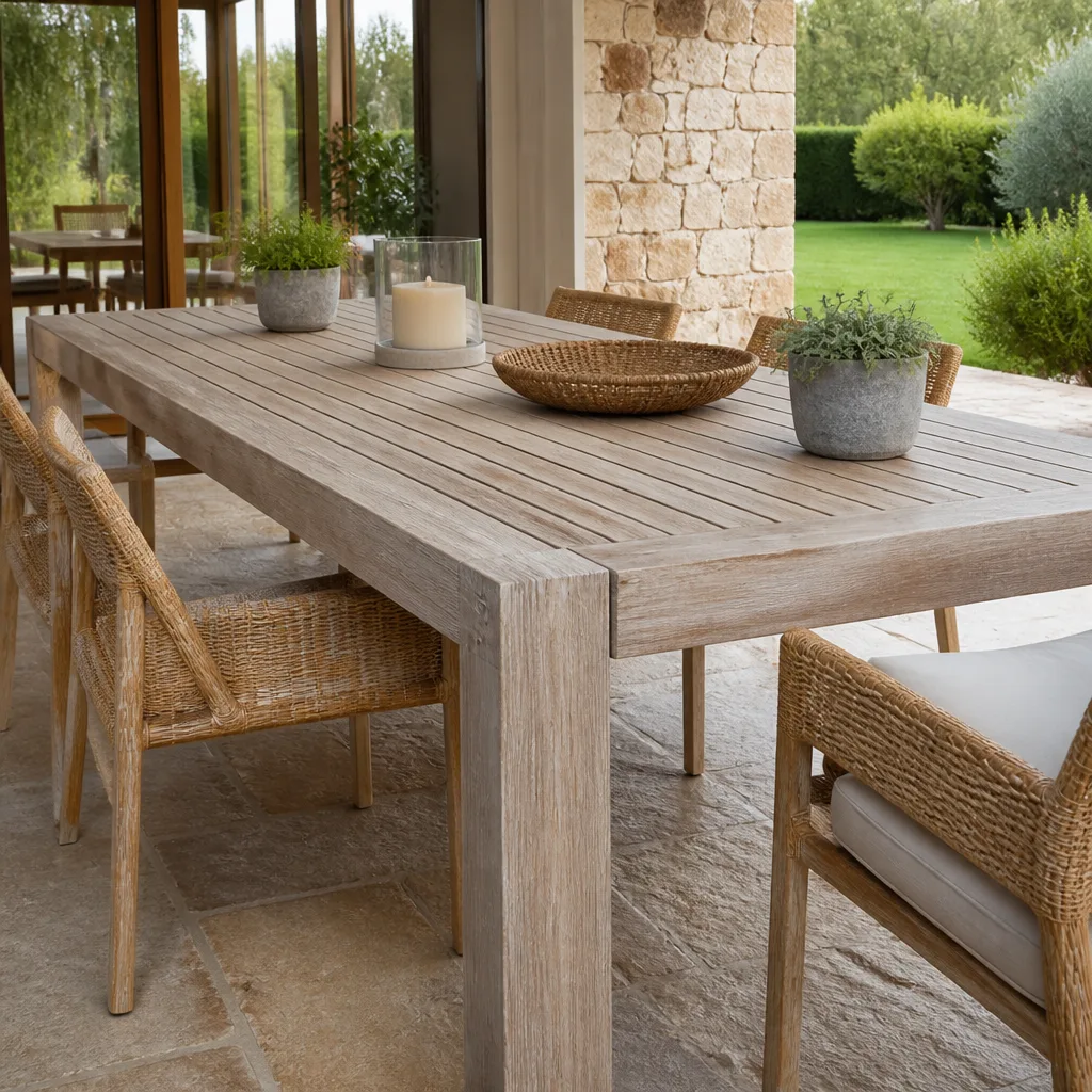Teak-Gartentisch auf einer Terrasse, dessen Holz leicht zu einem silbrigen Ton verwittert