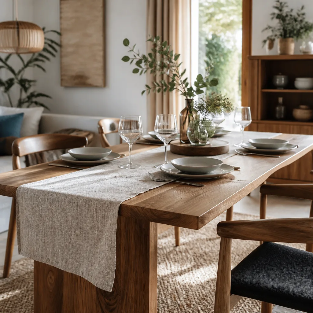 Gedeckter Holz-Esstisch mit Tellern und einem Leinenläufer in einem hellen Wohnzimmer