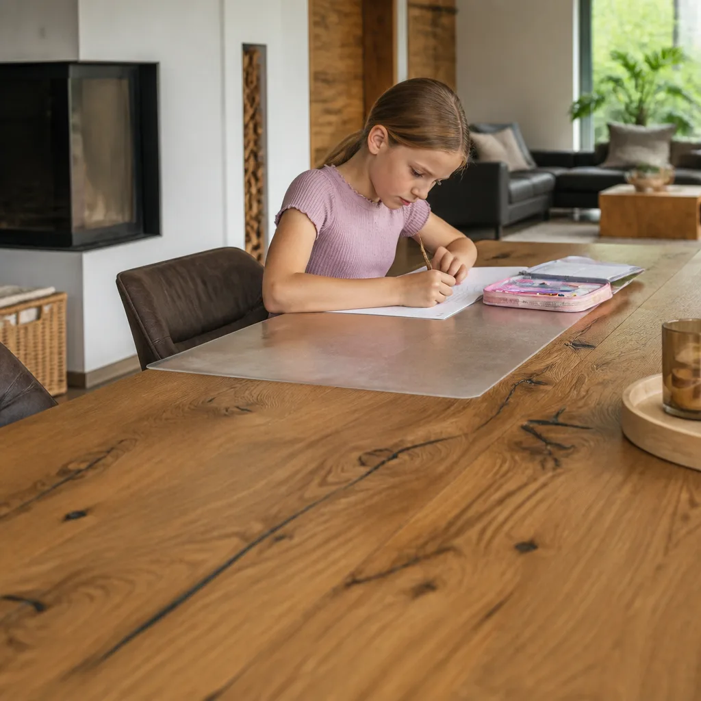 Kind macht Hausaufgaben an einem robusten Familien-Esstisch mit sichtbarer Holzmaserung und Schutzunterlage