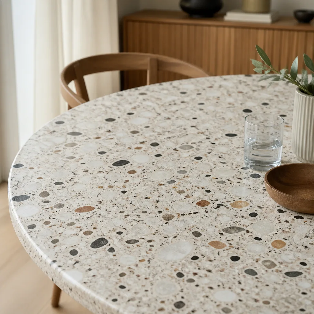 Terrazzo-Tischplatte mit verstreuten Marmor- und Steinsplittern in hellem Zementgrund, Nahaufnahme
