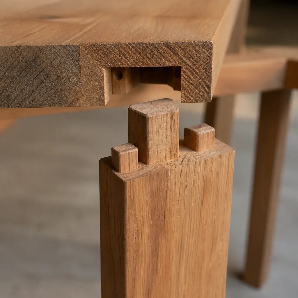 Detailaufnahme einer Zapfenverbindung an einem Holztischbein vor der Montage