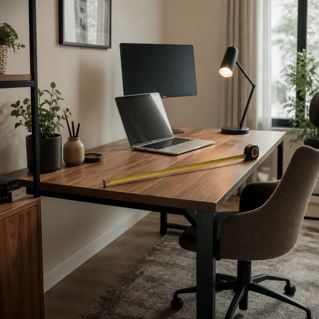 Homeoffice-Schreibtisch mit Laptop, Monitor und kleiner Schreibtischlampe, Maßband auf der Fläche