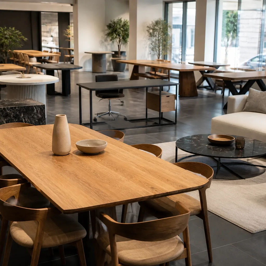 Übersichtsfoto mehrerer verschiedener Tischarten in einem Möbel-Showroom