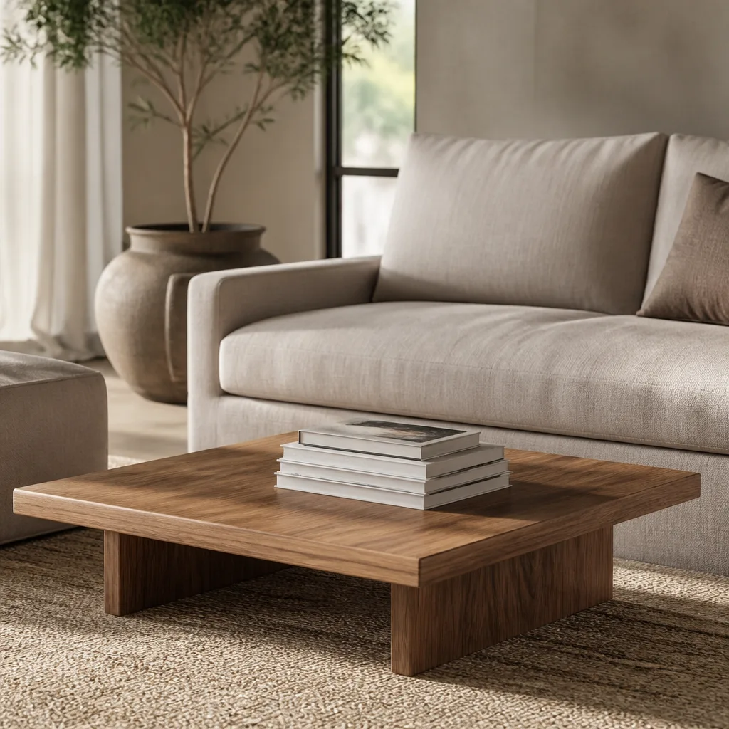 Niedriger Holz-Couchtisch vor einem Sofa mit einem Bücherstapel darauf