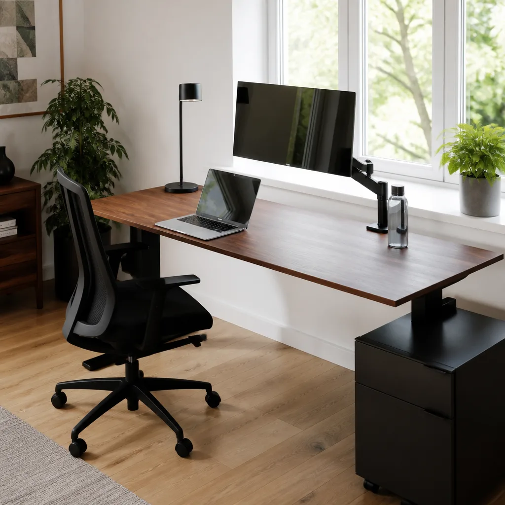 Homeoffice-Schreibtisch mit Laptop, Monitorarm und Schreibtischlampe vor einem Fenster