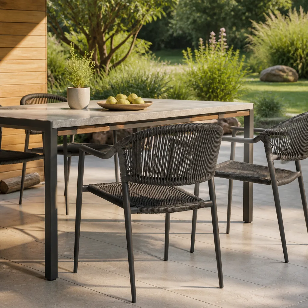 Gartentisch mit Stühlen aus wetterfesten Materialien auf einer Terrasse