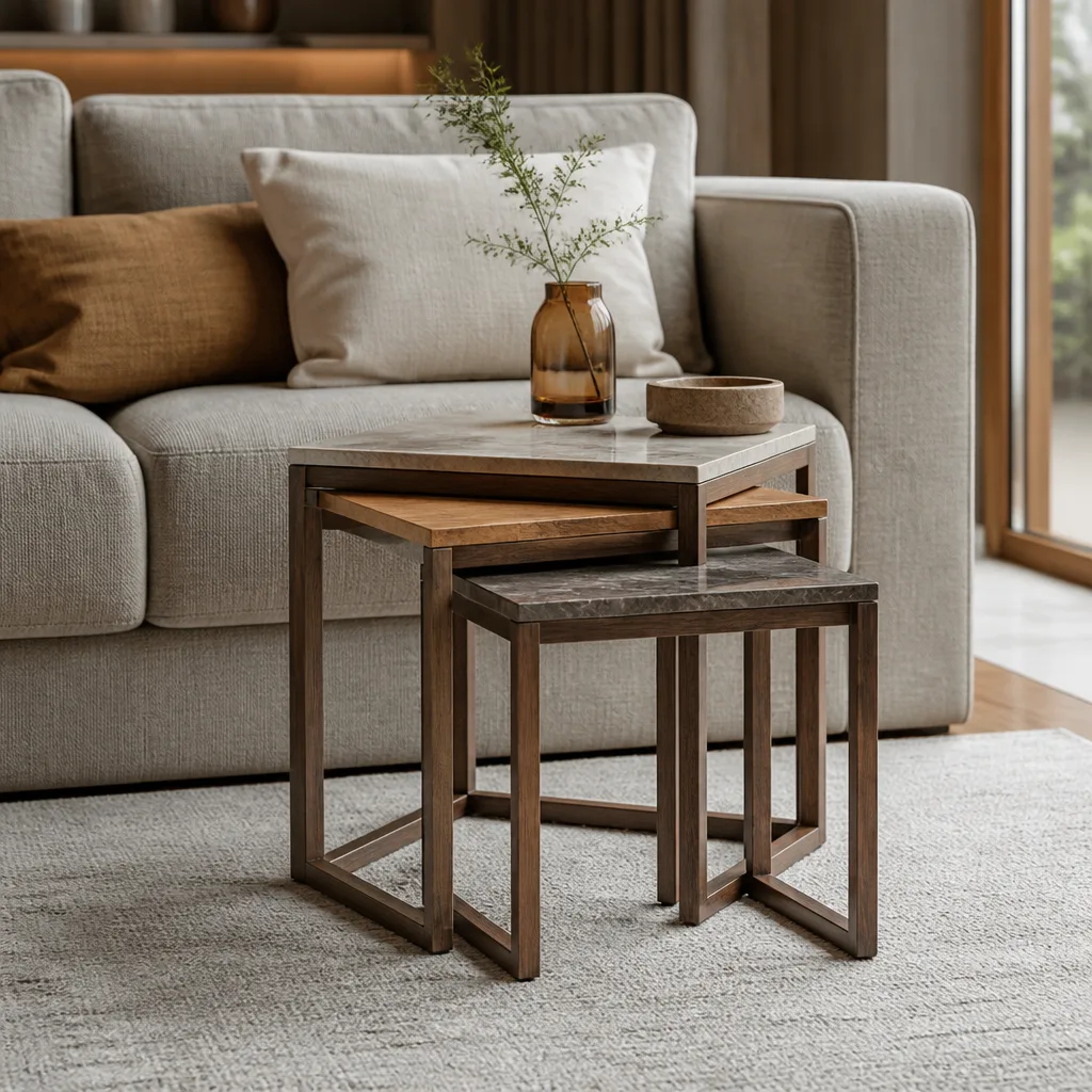 ein Set Nesting-Tische unterschiedlicher Größe zusammengeschoben neben einem Sofa