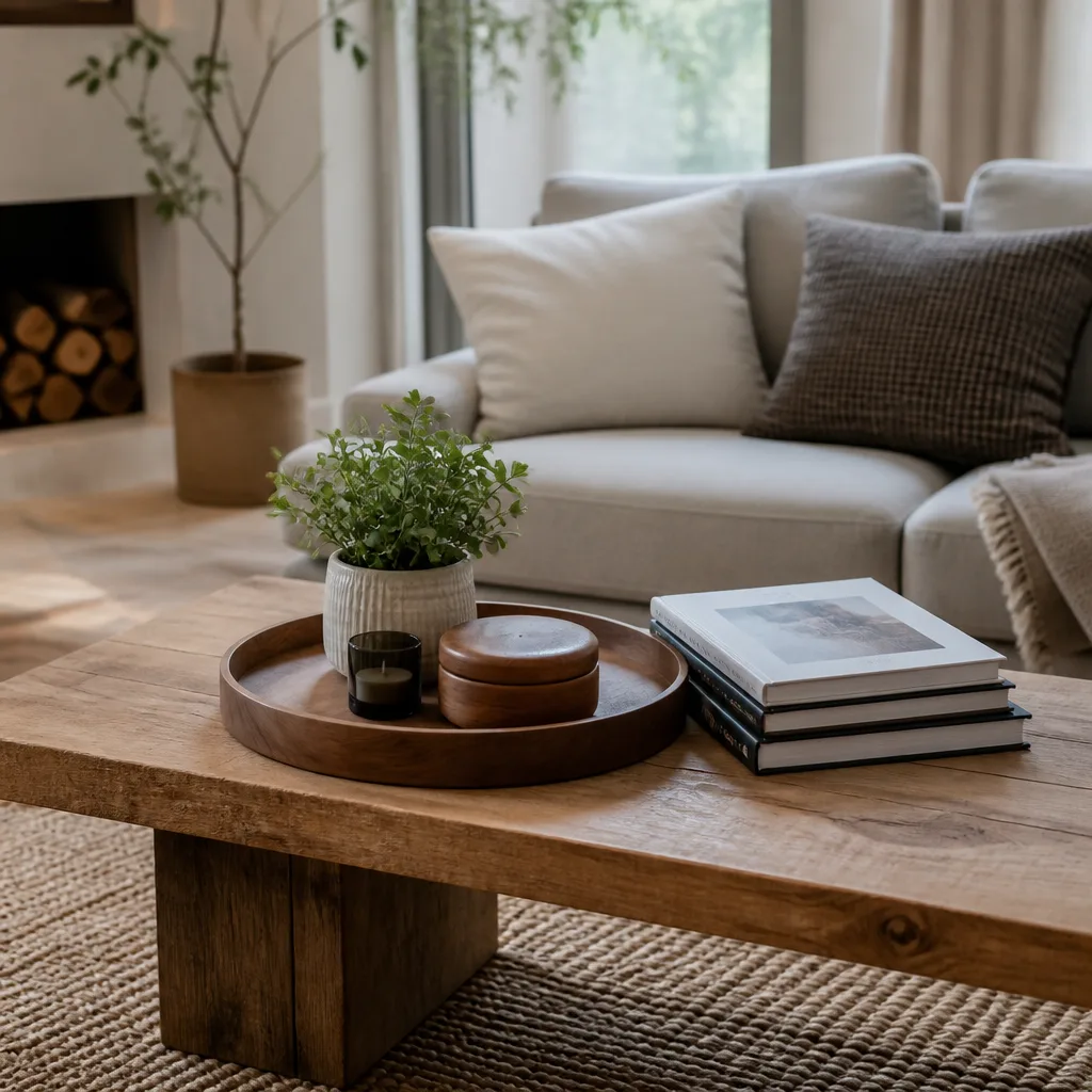 ein Holzcouchtisch, gestylt mit einem Tablett, einem Bücherstapel und einer kleinen Pflanze
