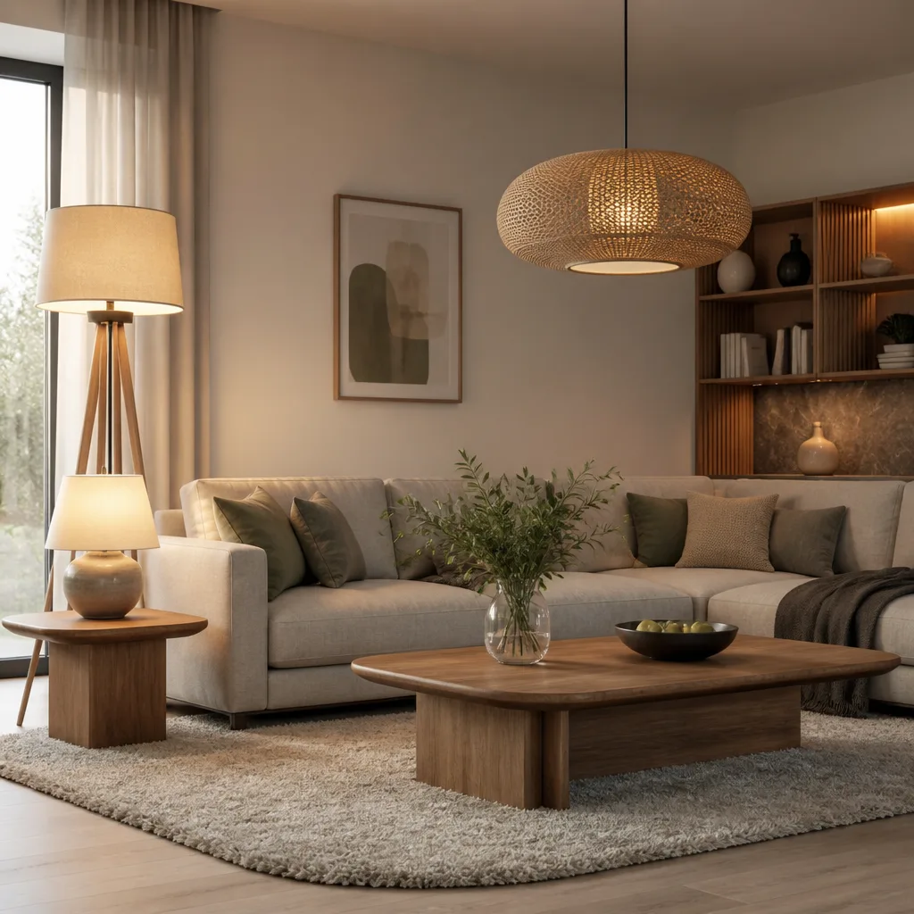 ein Wohnzimmer mit einer Stehlampe, einer Tischlampe auf einem Beistelltisch und einer Pendelleuchte auf unterschiedlichen Höhen