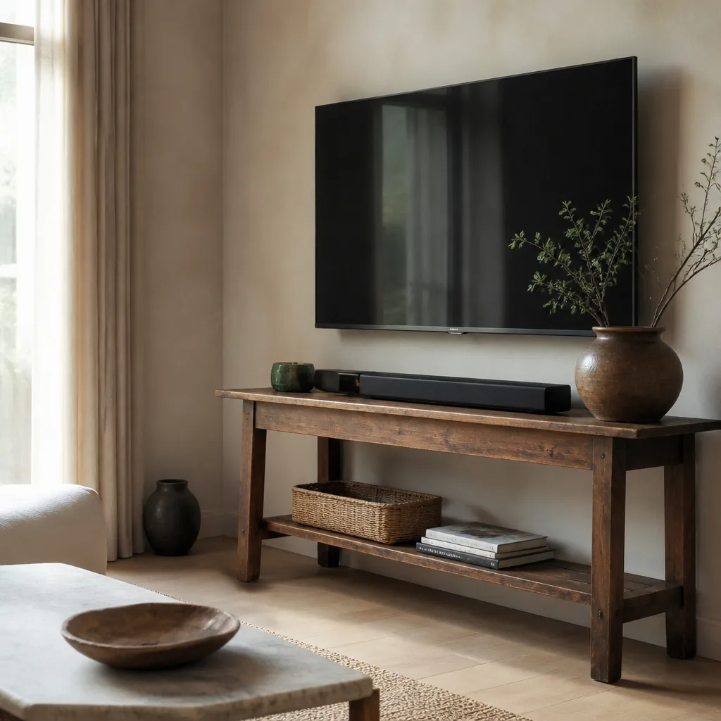 ein schmaler alter Holztisch, zur Media-Konsole umfunktioniert unter einem wandmontierten Fernseher