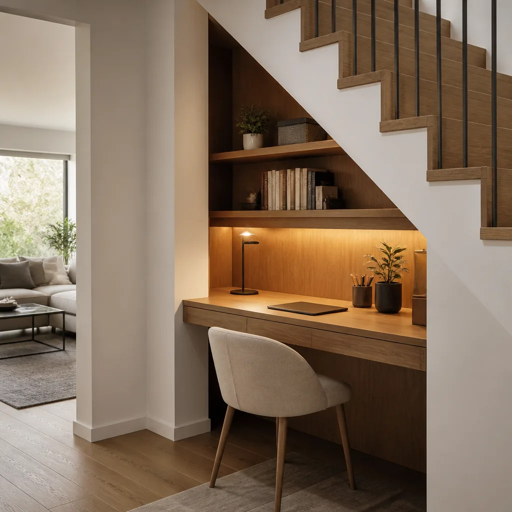 ein eingebauter Schreibtisch in den schrägen Raum unter einer Treppe eingepasst, mit Stuhl und Regalen