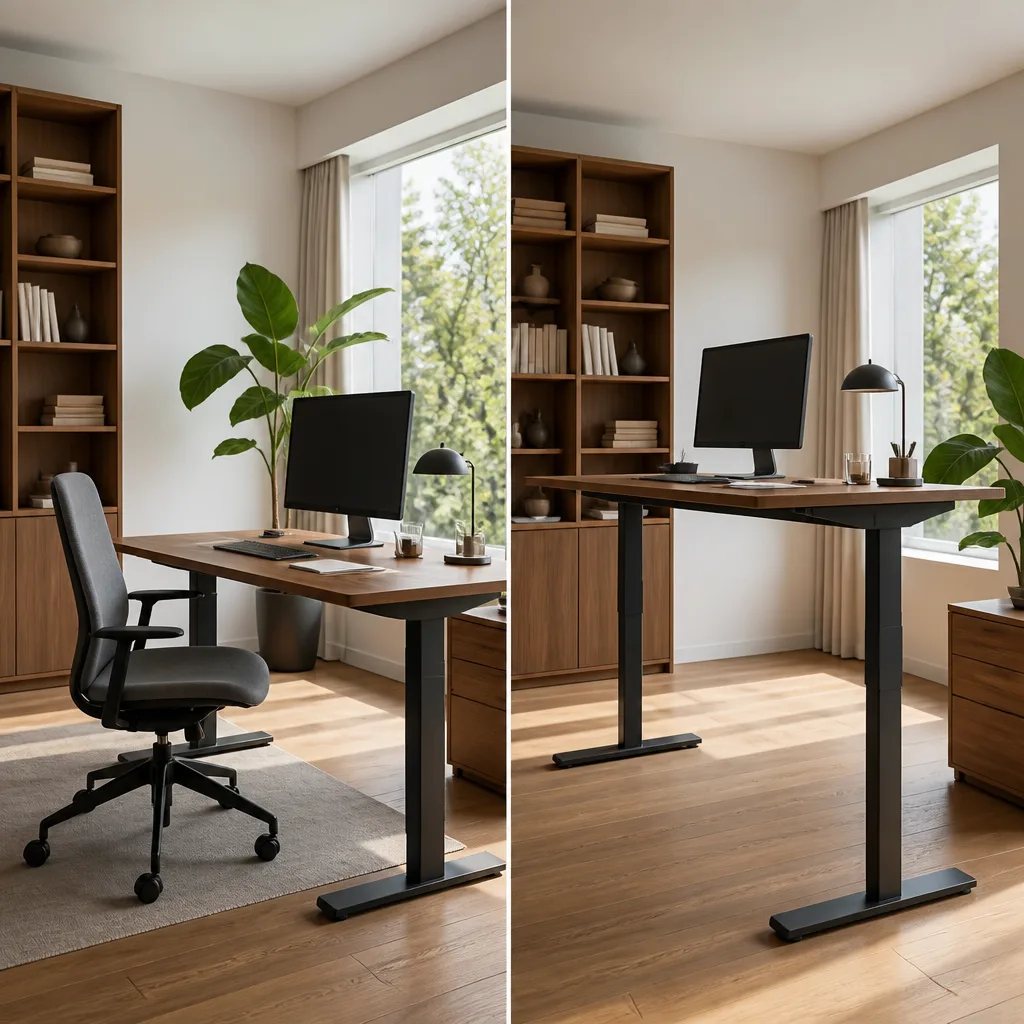 ein höhenverstellbarer Schreibtisch, gezeigt sowohl in Sitz- als auch in Stehposition in einem Homeoffice