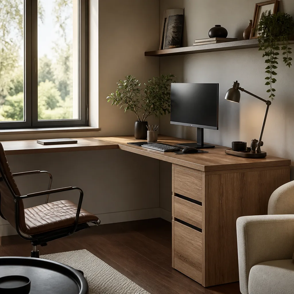 ein L-förmiger Ecktisch in der Ecke eines kleinen Homeoffice mit Monitor