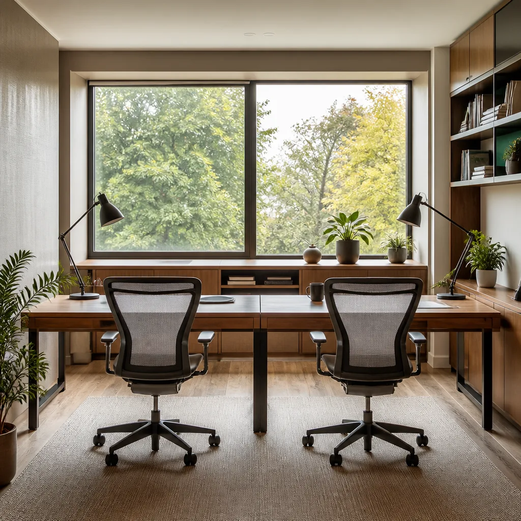 zwei Schreibtische nebeneinander mit Blick zum Fenster in einem geteilten Homeoffice
