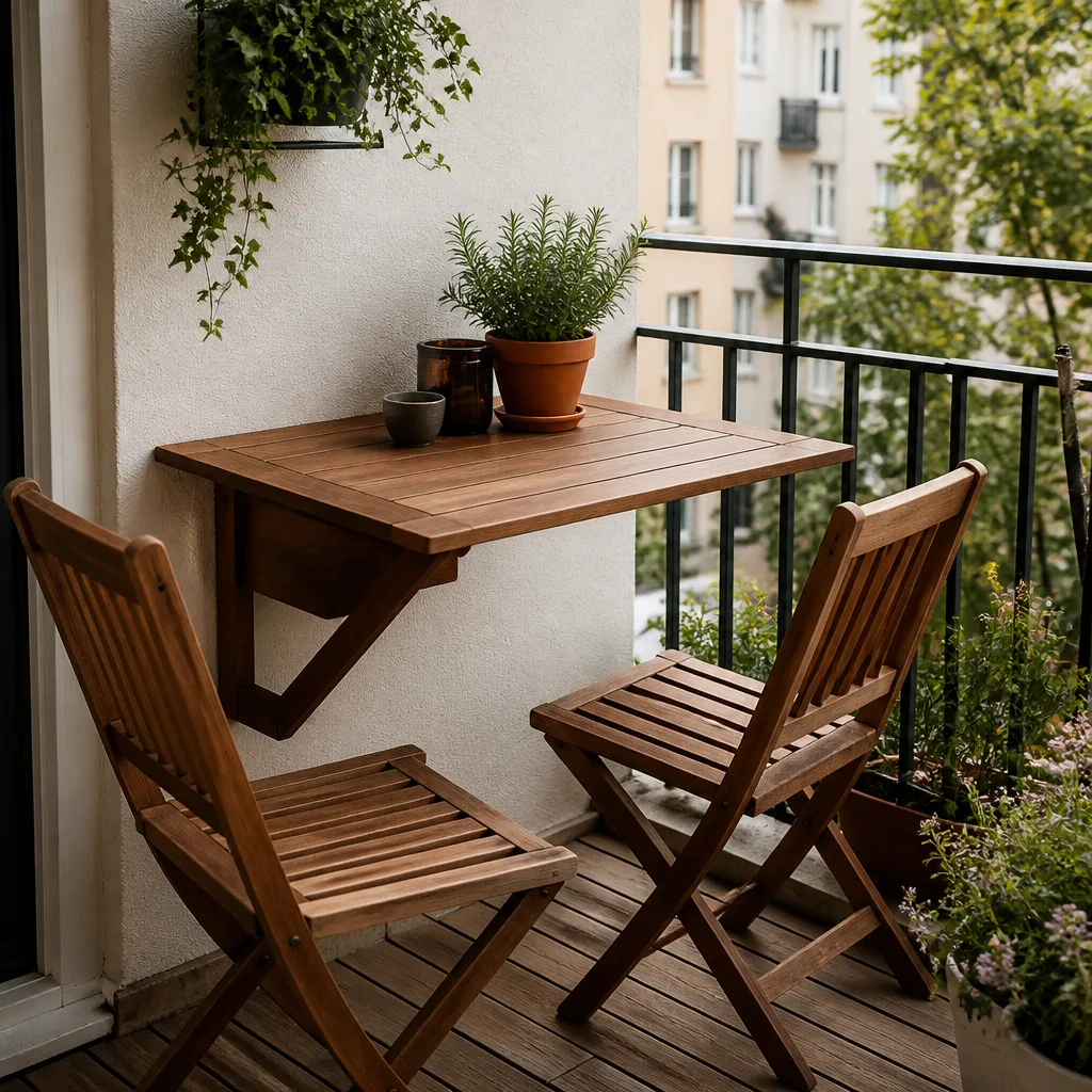 ein kleiner Klapptisch auf einem Balkon aufgebaut mit zwei Stühlen und Topfpflanzen