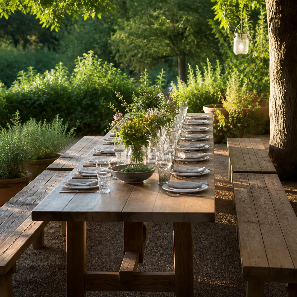 ein langer Holzgartentisch, gedeckt für ein Essen im Freien, mit Bänken auf beiden Seiten
