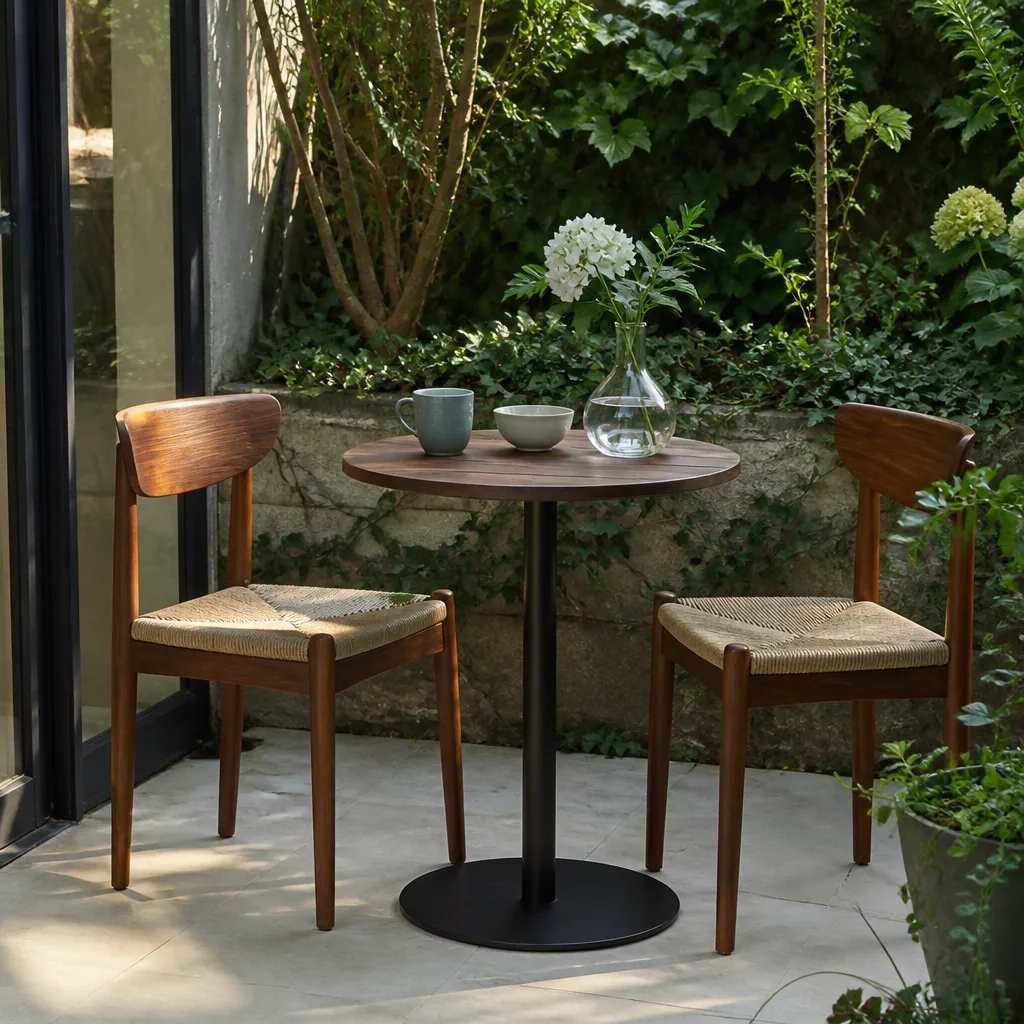 ein kleiner runder Bistrotisch mit zwei Stühlen in einer Ecke einer Gartenterrasse