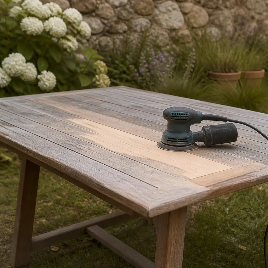 ein verwitterter Holzgartentisch, der vor der Neubehandlung bis auf das blanke Holz abgeschliffen wird