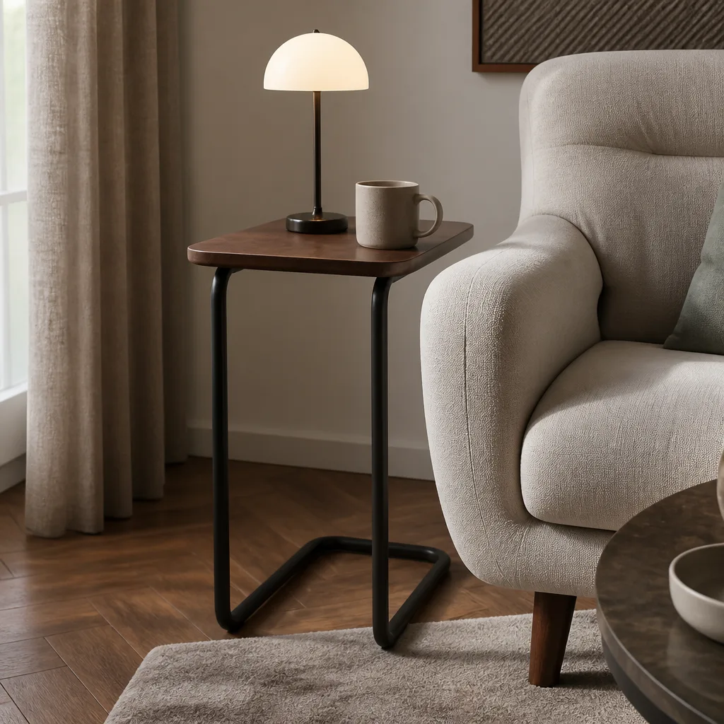 ein schmaler Beistelltisch neben einem Sessel mit einer kleinen Lampe und einer Tasse darauf