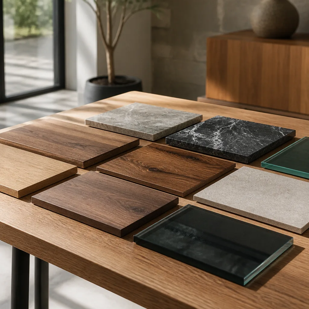 Sortiment von Materialproben für Tischplatten aus Holz, Glas, Keramik und Stein nebeneinander ausgelegt