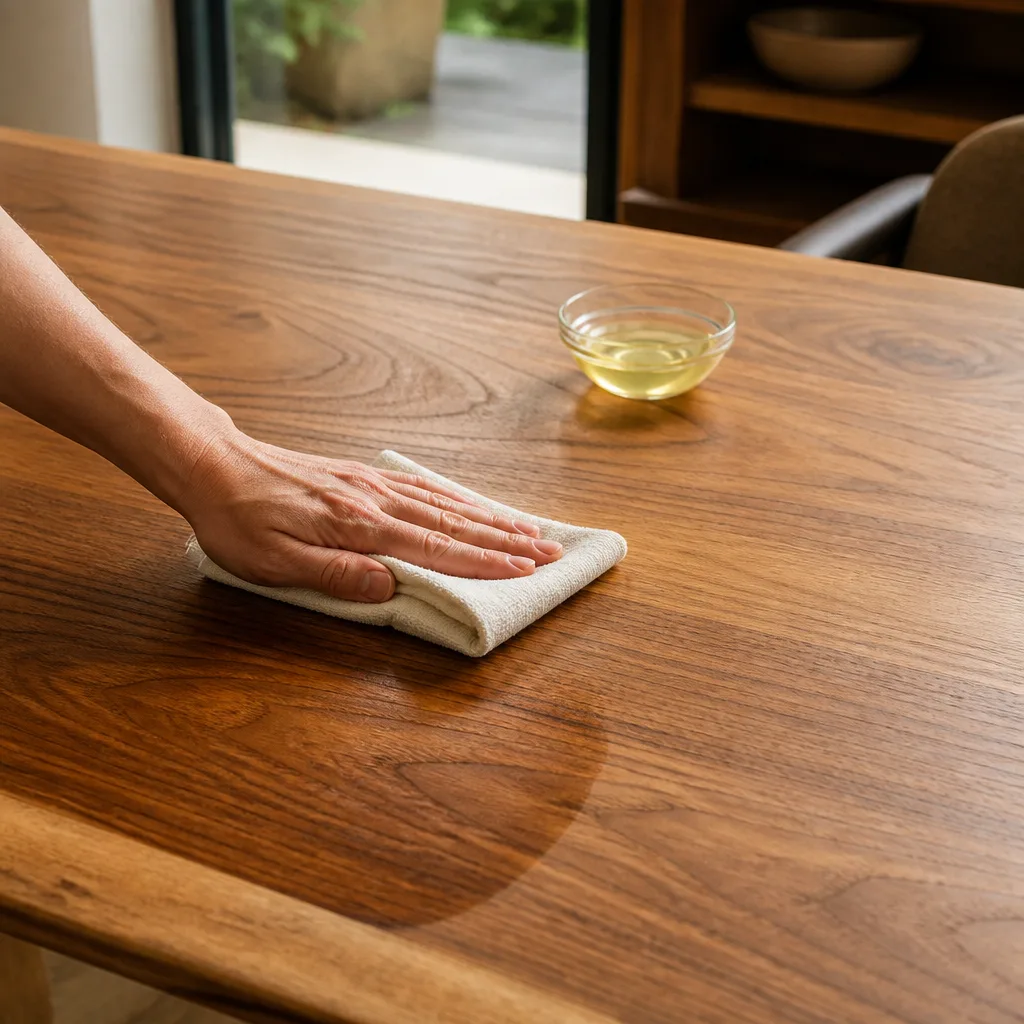 Nahaufnahme einer Hand, die mit einem weichen Tuch Hartwachsöl auf eine Holztischplatte aufträgt