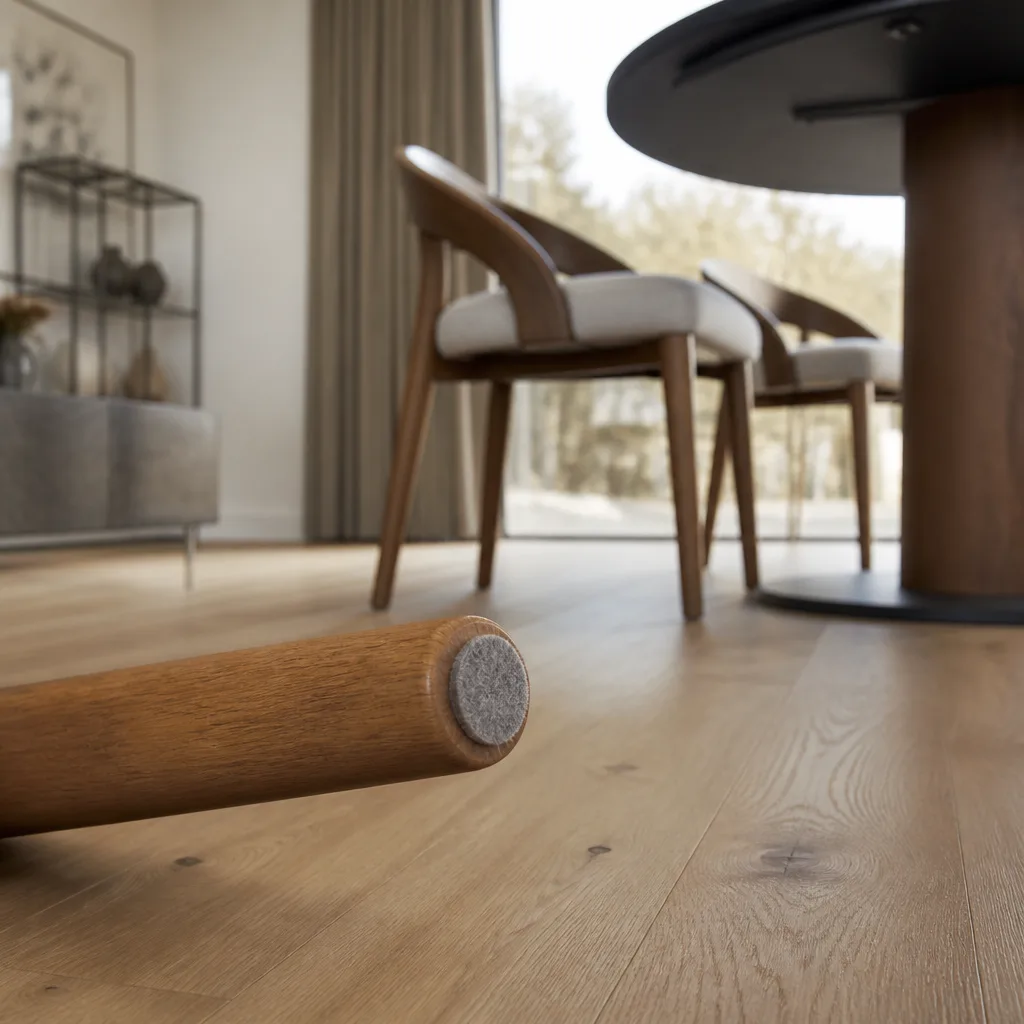 Unterseite eines Stuhlbeins mit angebrachtem Filzgleiter auf einem Holzboden nahe einem Tisch